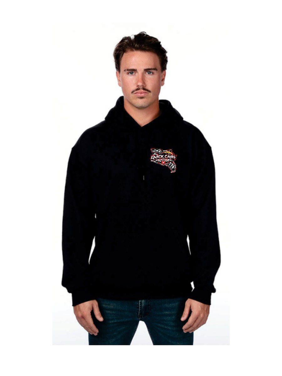 Black Quick Cars Tampa hoodie with a left-chest logo